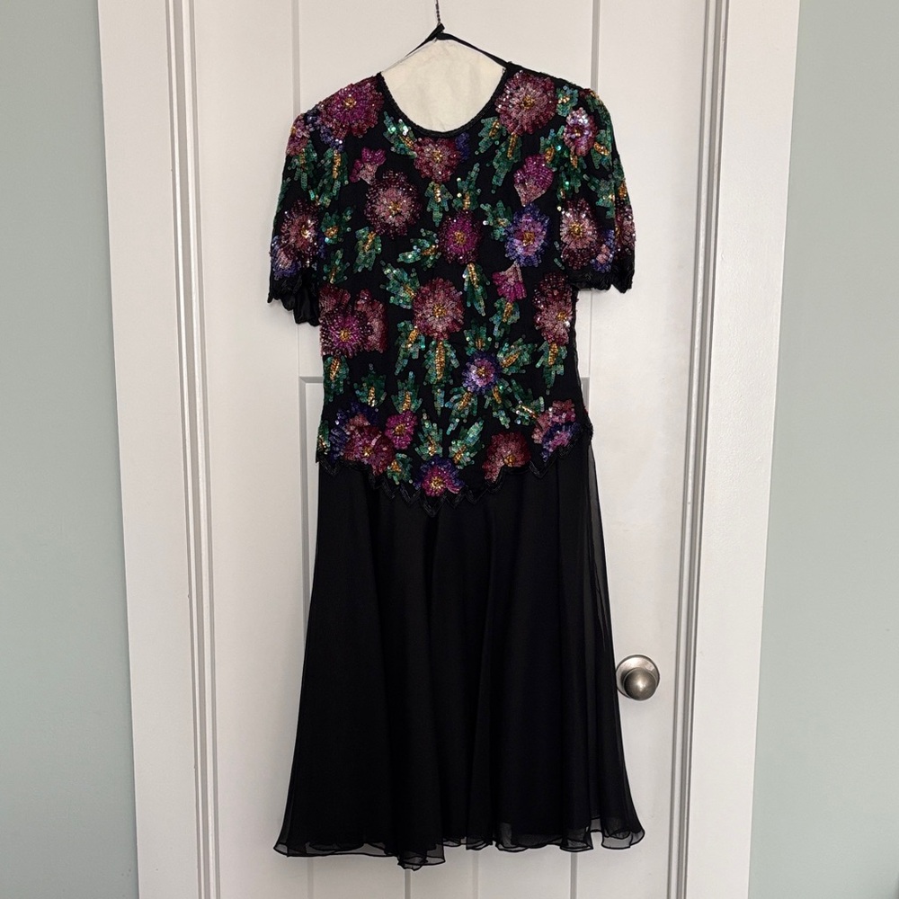 Laurence Kazar Black Dress with Colorful Floral Design